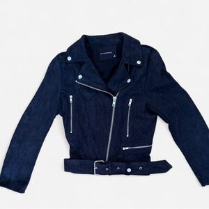 Olivaceous Women’s Moto Jacket Style faux Suede Black Zippers Pockets Medium